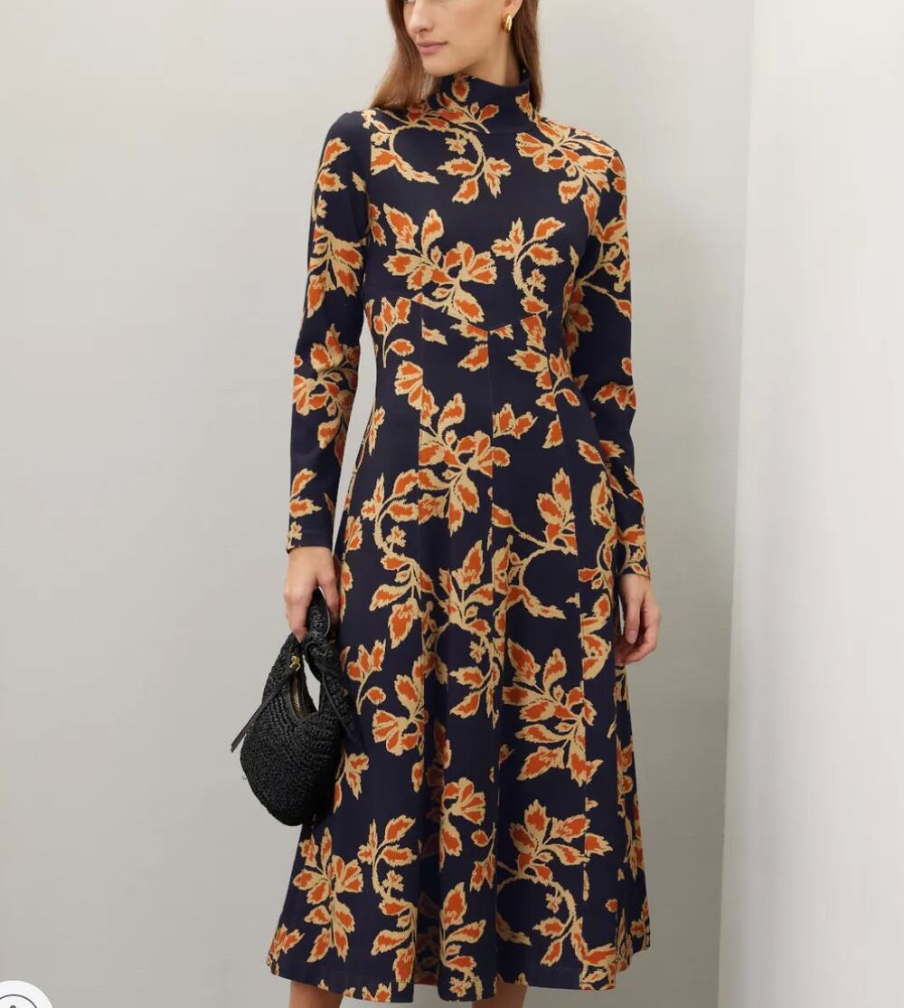 Tanya Taylor Blue Floral Midi Dress MEDIUM Mockneck Fit Flare Work Designer $500